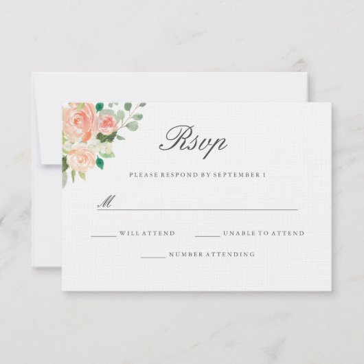 Perzik Blush Waterverf Bloemen Bruiloft RSVP Kaartje (Voorkant)