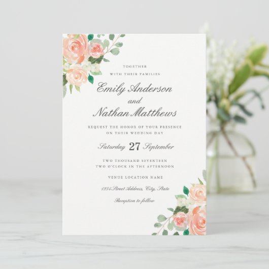 Perzik Blush Waterverf Bloemen Bruiloft Uitnodigin Kaart (Staand voorkant)