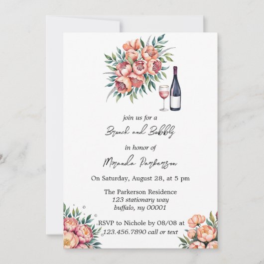 Perzik boeket met diamanten brunch en bubbel kaart (Voorkant)