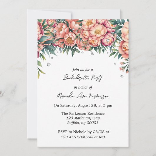 Perzik boeket met diamanten vrijgezellenfeest kaart (Voorkant)