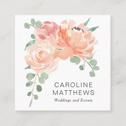 Perzik Boeket Waterverf Bloemen Vierkante Visitekaartje (Voorkant)
