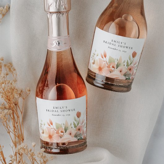 Perzik Boho Bloemen Bruidsdouche Sparkling Wijnetiket