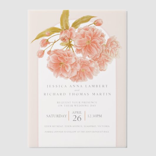 Perzik boombloesem waterverf foto bruiloft boog vellum uitnodigingen (Voorkant)