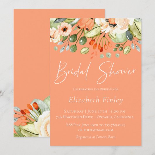 Perzik Botanische bruids douche uitnodiging (Voorkant / Achterkant)