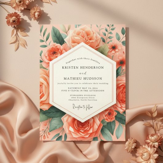 Perzik Botanische Romantische Bruiloft Kaart