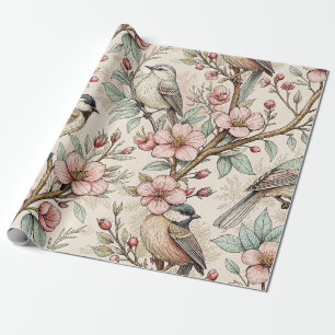 Perzik Botanische Zangvogel Zwarte Inkt Bloemmotie Cadeaupapier