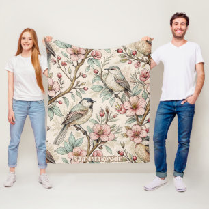 Perzik Botanische Zangvogel Zwarte Inkt Bloemmotie Fleece Deken