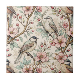 Perzik Botanische Zangvogel Zwarte Inkt Bloemmotie Tegeltje
