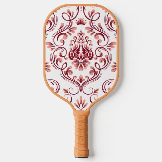 Perzik Bourgogne en witte Damask Floral Pickleball Paddle (Voorkant)