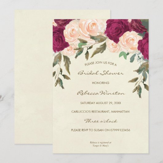 Perzik Bourgondië Bloemen Bruids Douche Uitnodigin Kaart (Voorkant / Achterkant)