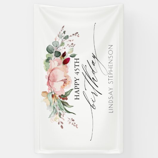 Perzik Bourgondië en Blush Bloemen Verjaardagsfees Spandoek (Verticaal)