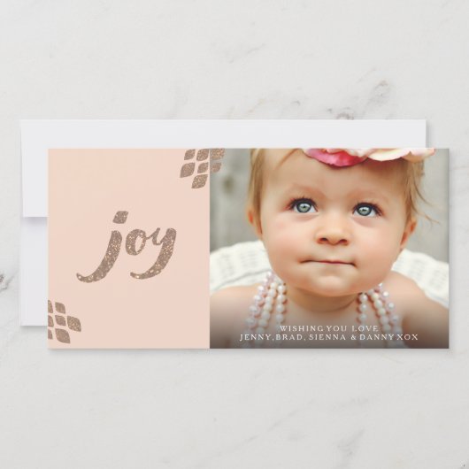 Perzik & Bronzen Glitter Joy Kerst Fotokaart Feestdagenkaart (Voorkant)