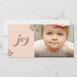 Perzik & Bronzen Glitter Joy Kerst Fotokaart Feestdagenkaart