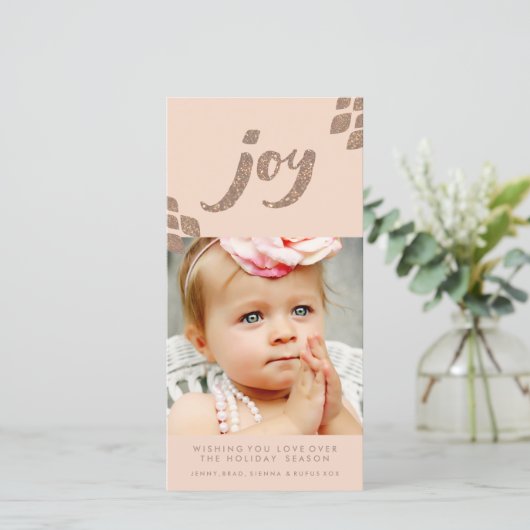 Perzik & Bronzen Glitter Joy Kerst Fotokaart Feestdagenkaart (Staand voorkant)