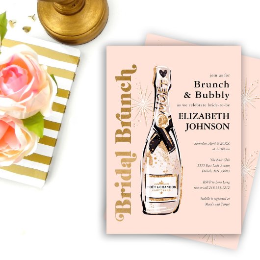 Perzik Bruids Brunch en Mousserende Wijn Bruiloft Kaart