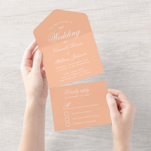 Perzik Bruiloft Elegante Script Moderne Kleur RSV All In One Uitnodiging (Afscheurbaar)