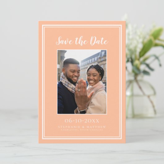 Perzik Bruiloft Verloving Foto Afbeelding Modern Save The Date (Staand voorkant)