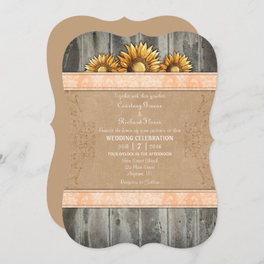 Perzik Bruin Rustiek Zonnebloem Bruiloft Uitnodige Kaart (Voorkant / Achterkant)