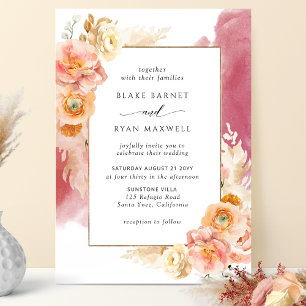 Perzik Burgundy Blush Floral, Waterverf bruiloft Kaart