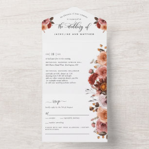 Perzik, Burgundy Blush Floral Wedding RSVP Dieetvo All In One Uitnodiging