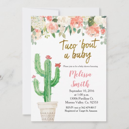 Perzik Cactus bloem Baby Shower Taco Over Baby Kaart (Voorkant)