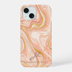 Perzik Cake Marmer Goud Glitter Aanpasbaar iPhone 15 Case