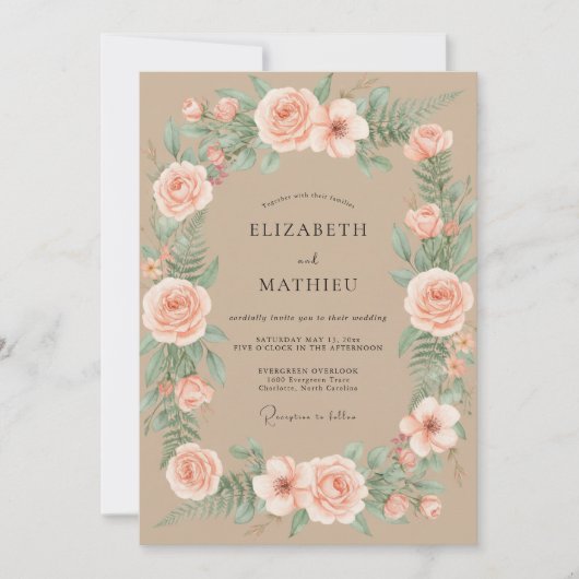 Perzik Champagne Ranunculus Eucalyptus Bruiloft Kaart (Voorkant)