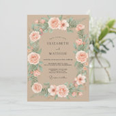 Perzik Champagne Ranunculus Eucalyptus Bruiloft Kaart (Staand voorkant)