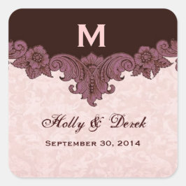 Perzik Chocolade Vintage Trouwnamen Datum S434 Vierkante Sticker