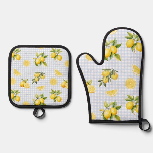 Perzik Citroen Gingham Ovenwant & Pannenlap Set (Voorkant)