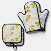 Perzik Citroen Gingham Ovenwant & Pannenlap Set (Voorkant / Achterkant)