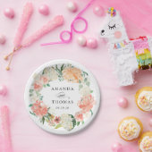 Perzik Coral Blush Bloemen Krans Trouwen Papieren Bordje