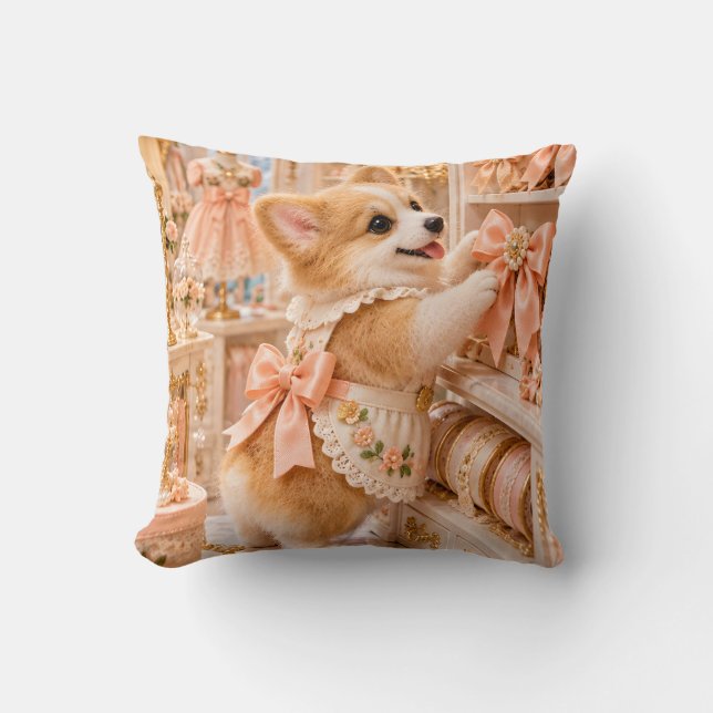 Perzik Corgi Lintwinkel Bloem Atelier Kussen (Voorkant)