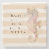 Perzik Crème Aquarel Strand Strepen Gouden Zeepaar Stenen Onderzetter (Voorkant)