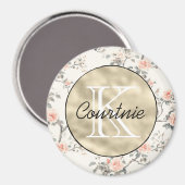 Perzik Crème Bloem Goud Monogram Magneet (Voorkant / Achterkant)