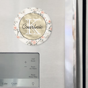 Perzik Crème Bloem Goud Monogram Magneet