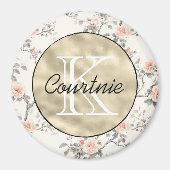 Perzik Crème Bloem Goud Monogram Magneet (Voorkant)
