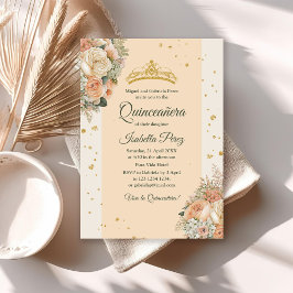 Perzik Crème Bloemen en Goud Tiara Quinceanera Kaart