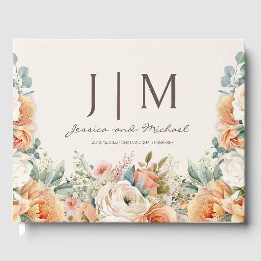 Perzik crème bloemen eucalyptus bruiloft gastenboek (Voorkant)