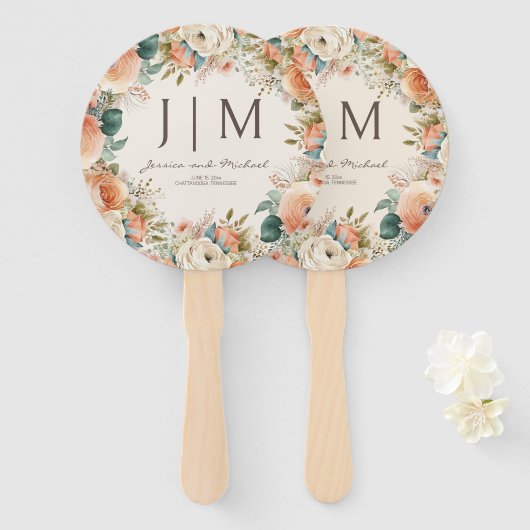 Perzik crème bloemen eucalyptus bruiloft handwaaier (Voorkant en achterkant)