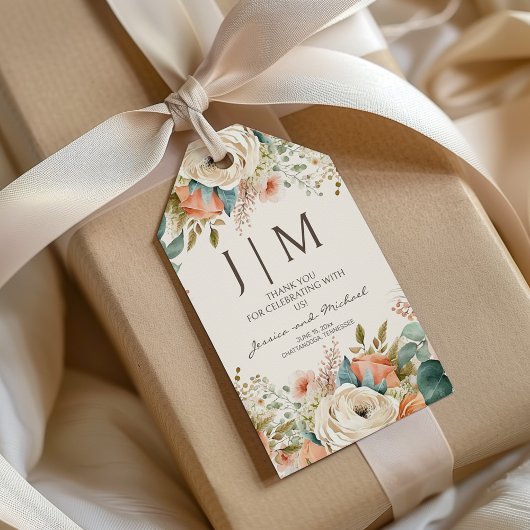 Perzik Crème Bloemige Monogram Huwelijk Cadeaulabel