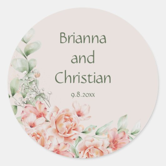 Perzik Crème en Sage Groene Bloemen Tuin Ronde Sticker (Voorkant)