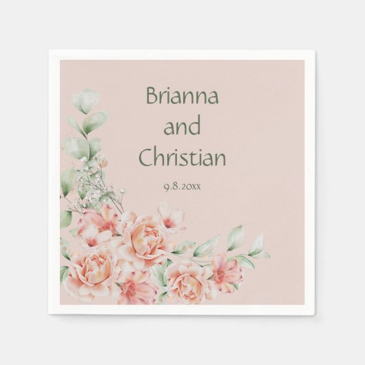 Perzik Crème en Salie Groene Romantische Bloementu Servet (Voorkant)