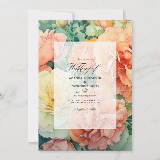 Perzik, Crème en Zeevruchten Groene Bloemenbruilof Kaart (Voorkant)