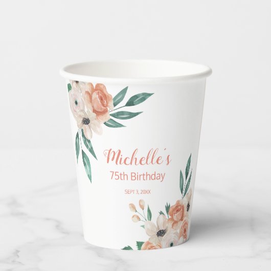  perzik crème Floral 75e geboortedag Papieren Bekers (Achterkant)