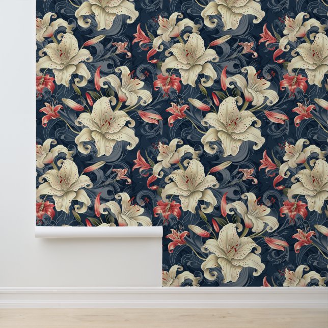 Perzik & crème lelie bloem bloesem behang (Applicatie)