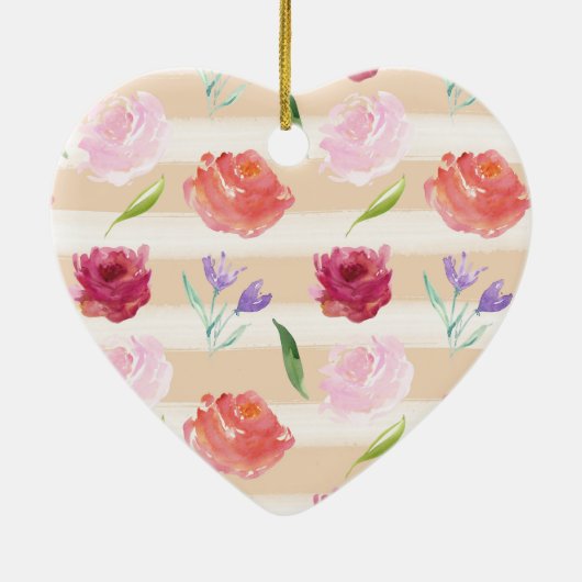 Perzik Crème Strepen Waterverf Bloemen Keramisch Ornament (Achterkant)