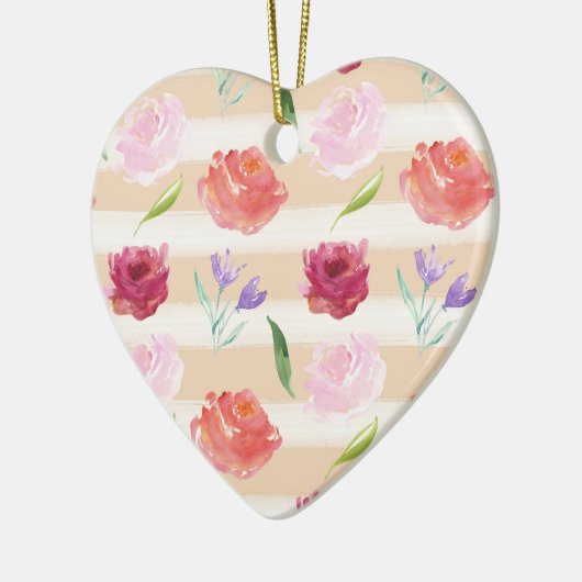 Perzik Crème Strepen Waterverf Bloemen Keramisch Ornament (Links)