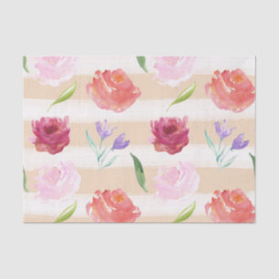 Perzik Crème Strepen Waterverf Bloemen Tissuepapier