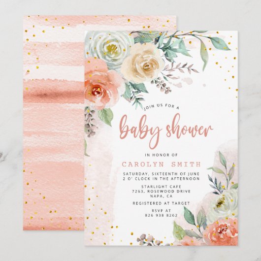 Perzik crème wit rozen bloemig goud Baby shower Kaart (Voorkant / Achterkant)